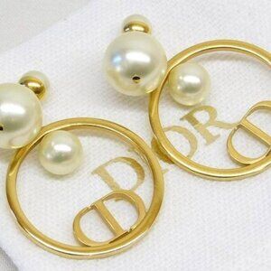 Dior Earrings Logo Circle Pearl Style Gold